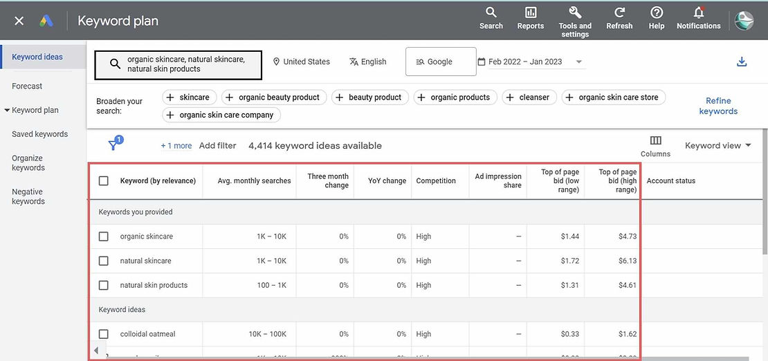 Example of Google's keyword planner and search results