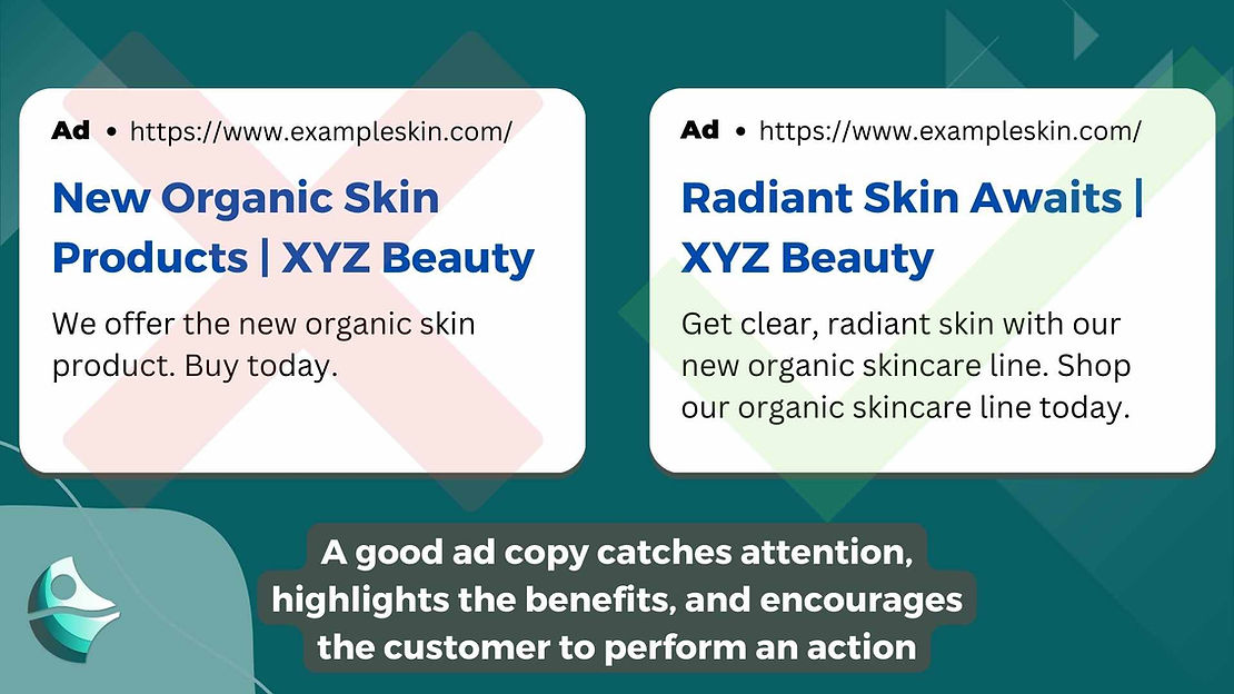 Graphic that shows a poor ad copy compared to a good, compelling ad copy